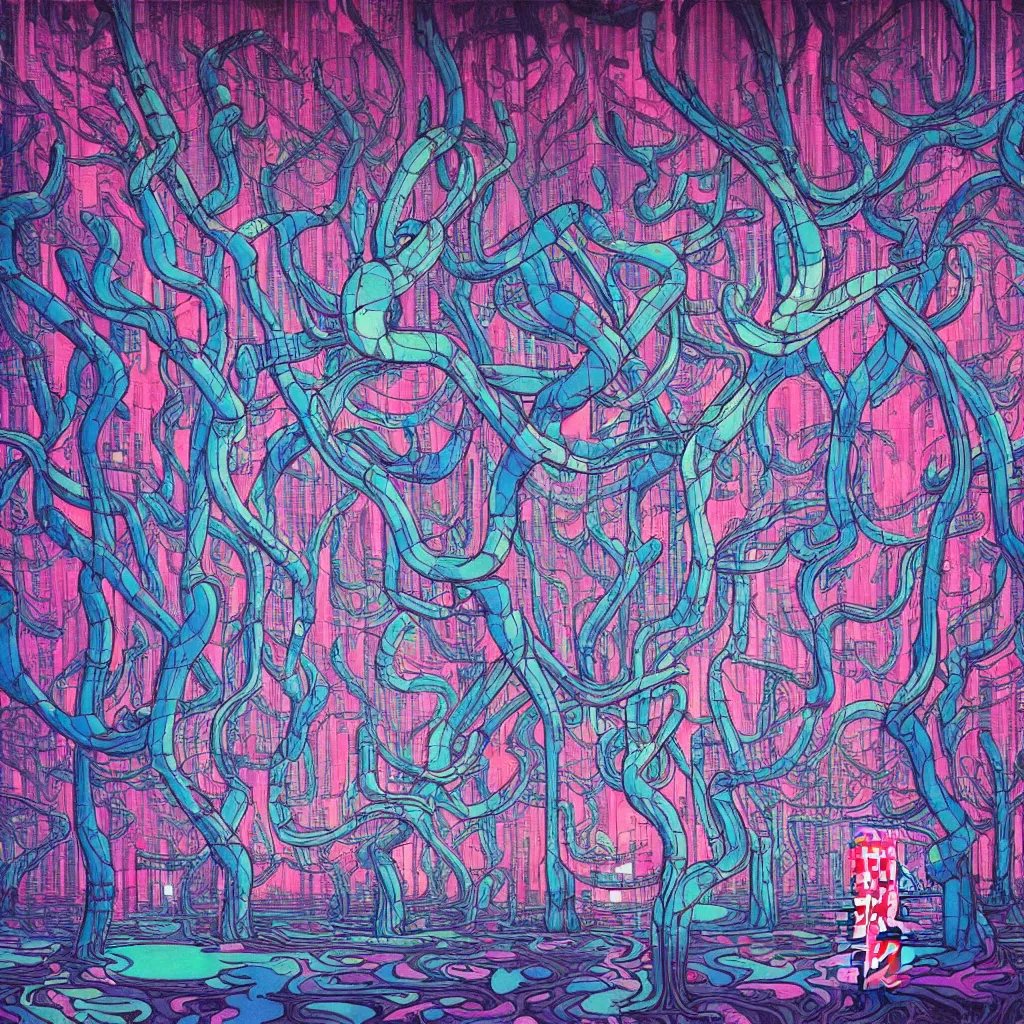 Prompt: acid trees in oil, cyberpunk, by james jean, photoillustration, mystical baroque, pastel synthwave