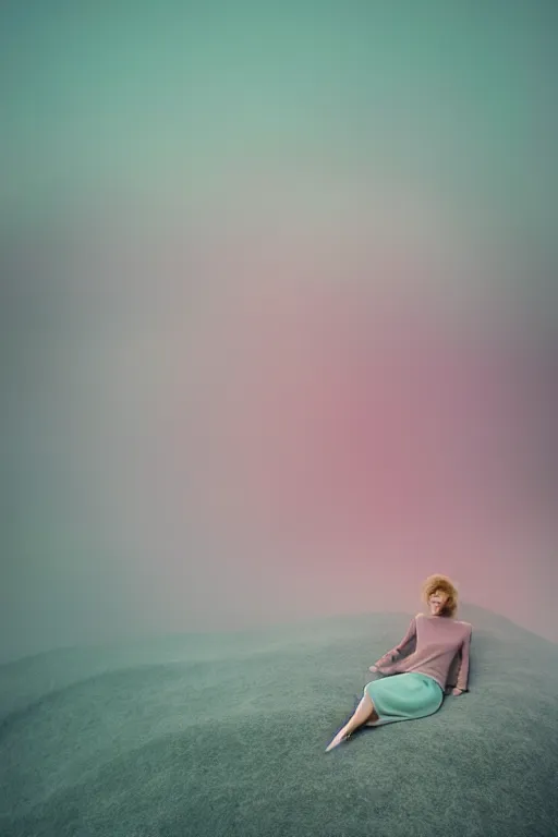 Image similar to high quality pastel coloured film close up wide angle photograph of a model wearing clothing resting on cloud furniture in a icelandic black rock!! environment in a partially haze filled dreamstate world. three point light, rainbow. photographic production. art directed. pastel colours. volumetric clouds. pastel gradient overlay. waves glitch artefacts. extreme facial clarity. 8 k. filmic.