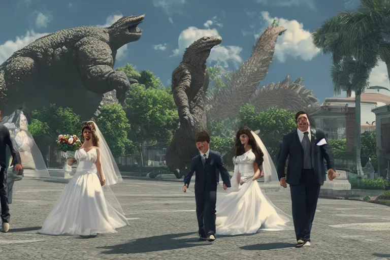 Image similar to a still from My Big Fat Greek wedding, wedding, wedding, with Fox McCloud and godzilla, octane render, nvidia raytracing demo, masterpiece