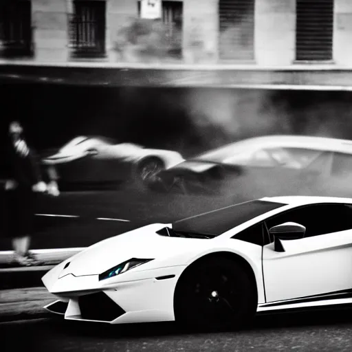 Image similar to black and white press photograph of a man in a suit pushing a lamborghini that is out of gas on a busy city street, sideview, detailed, natural light, mist, film grain, soft vignette, sigma 5 0 mm f / 1. 4 1 / 1 0 sec shutter, imax 7 0 mm footage