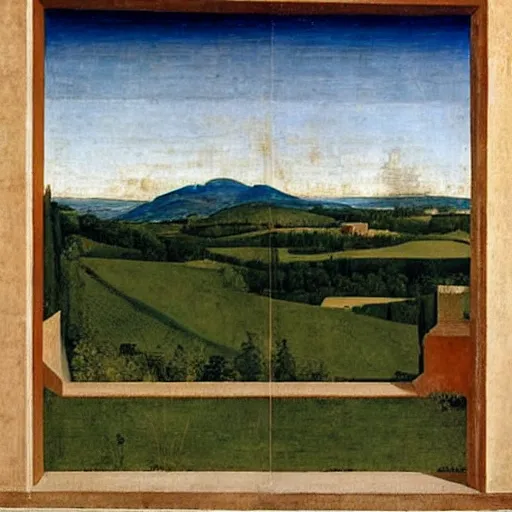 Prompt: a couple kissing, behind them is a window that shows a hilly landscape with vineyards, piero della francesca, 1 4 5 0