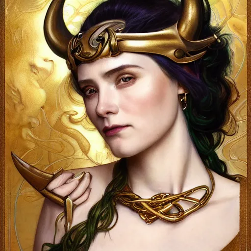 Prompt: Portrait of a female genderbent Loki with golden horned helmet drawn by Donato Giancola and Tom Bagshaw, face by Artgerm, overall design by Alphonse Mucha, background by James Jean and Gustav Klimt, light by Julie Bell, 4k, porcelain skin, komorebi, french nouveau, trending on artstation, octane render, hyperrealistic