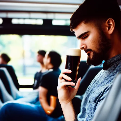 Prompt: a tired young university student in a black shirt with slick hair and round face is riding in a crowded bus. student is holding a bottle of dark beer and is looking at his smartphone. professional photo, 4 k, bokeh, 5 0 mm