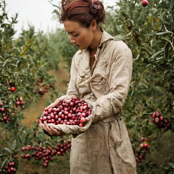 Prompt: a closeup portrait of a woman wearing diamond armor, picking pomegranates from a tree in an orchard, foggy, moody, photograph, by vincent desiderio, canon eos c 3 0 0, ƒ 1. 8, 3 5 mm, 8 k, medium - format print