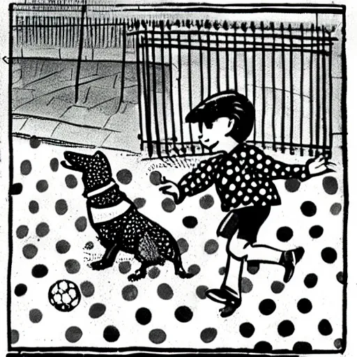 Image similar to illustration of french boy on the streets of paris playing football against a corgi, the dog is wearing a polka dot scarf, comic, 1 9 7 2