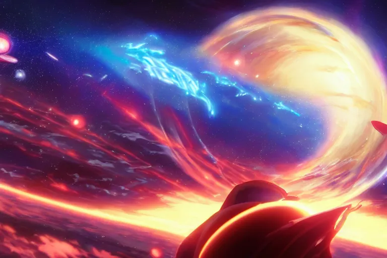 Image similar to Tonemapped Anime character splitting a gas giant in half like parting the Red Sea, with pack of Space Whales fly through an interdimensional rift! in background by (Hiromu Arakawa), Makoto Shinkai and (Cain Kuga)