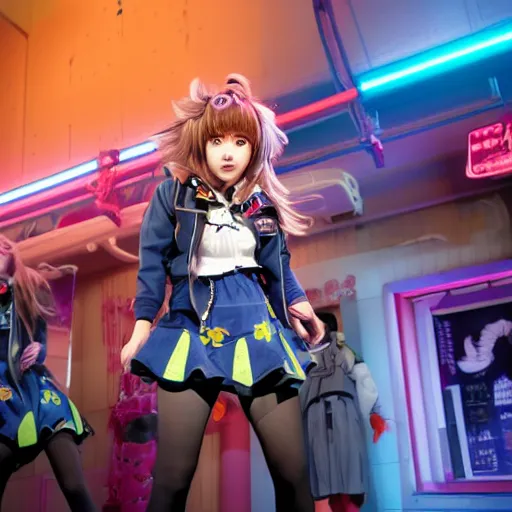 Prompt: chiaki nanami, a japanese girl with light hair in a bob that curls outward, a galaga hairpin, a dark turquoise hoodie, and a kind face stars in a broadway show, chiaki nanami from danganronpa, proshot getty images fullbody stage lights, gamer themed, professional photography