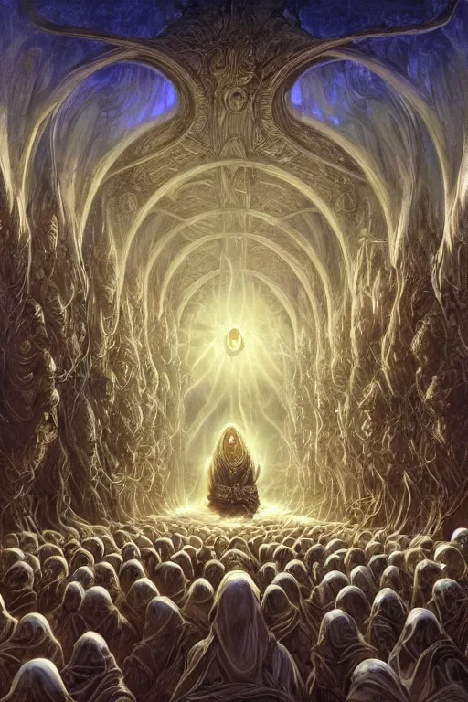 Image similar to a quantum computer surrounded by a dark cabal of hooded elven mystics with long robes gathered in a circular formation, michael whelan, dan seagrave, boris vallejo