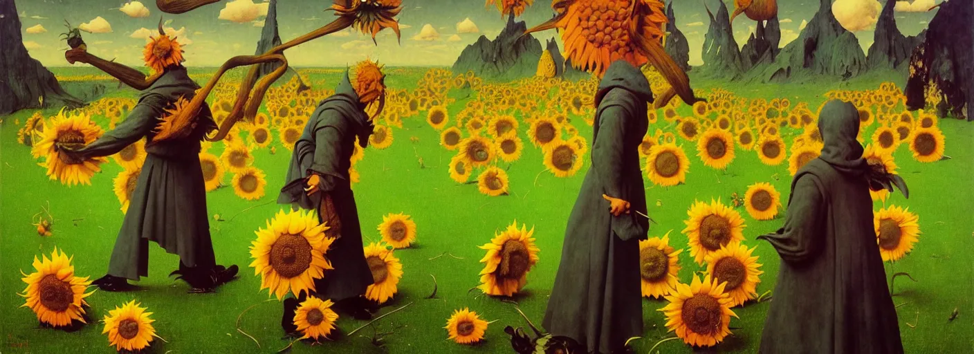 Prompt: full - body surreal colorful sunflower rpg character concept art anatomy, action pose, very coherent and colorful high contrast masterpiece by norman rockwell franz sedlacek hieronymus bosch dean ellis simon stalenhag rene magritte gediminas pranckevicius, dark shadows, sunny day, hard lighting, reference sheet white! background