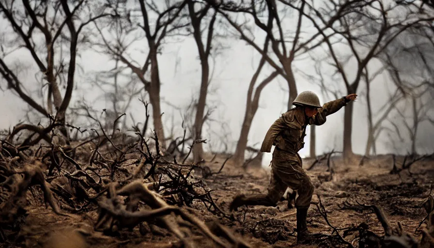 Image similar to screaming World War 1 soldier running across No Mans Land, wartorn landscape, lots of mud puddles and craters, burnt and broken trees, dirty lens, cinematic lighting, IMAX close-up cinematography, 35mm