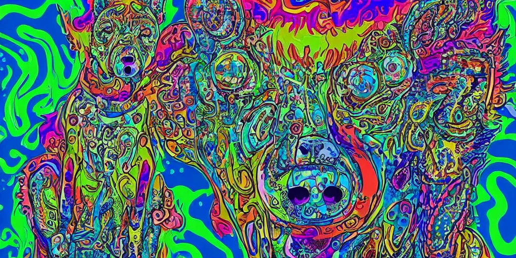 Prompt: highly detailed digital artwork of a psychedelic dingo - man with a salvador dali mustache. he wears a blue paisley jacket. he has a short green fade hairstyle. he is playing the trumpet.