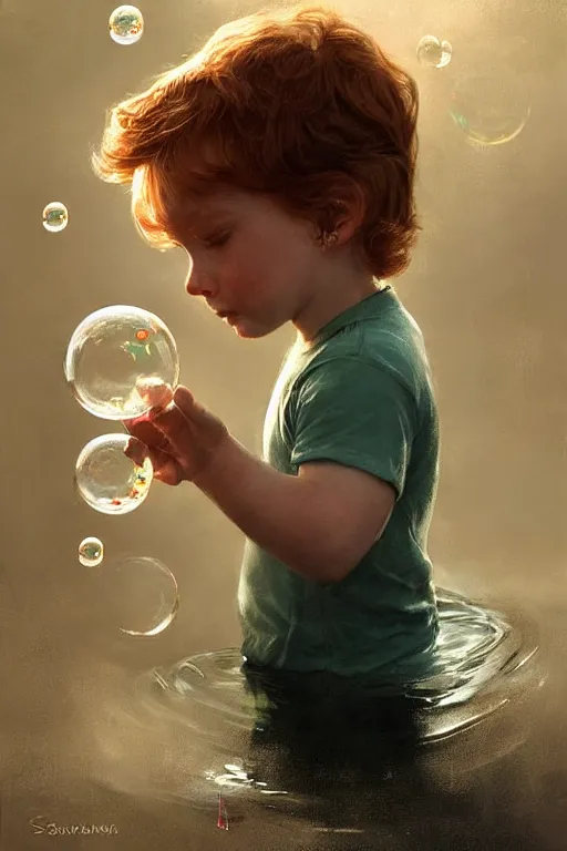 Image similar to a little boy with ginger hair chasing bubbles. clean elegant painting, beautiful detailed face, lots of bubbles. by greg rutkowski and raymond swanland