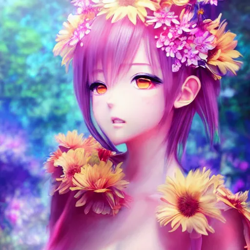 Prompt: Photorealistic beautiful anime princess with flowers. Hyperdetailed photorealism, 108 megapixels, amazing depth, glowing rich colors, powerful imagery, psychedelic Overtones, 3D finalrender, 3d shading, cinematic lighting, artstation concept art