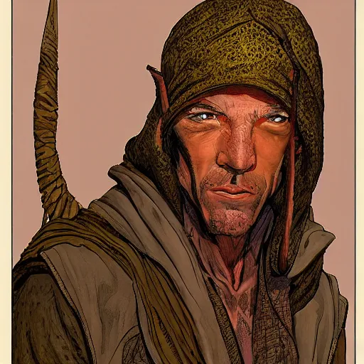 Image similar to Kethlan the elven desert bandit. Robes and turban. Realistic portrait by james gurney and mœbius.