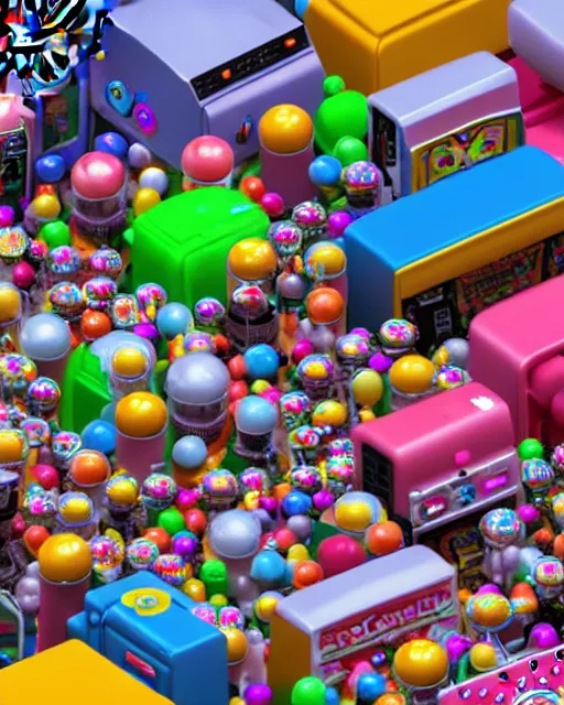 Prompt: crowded city made of arcade machines and buildings made of candy, cute elaborate epic robot, candy colors, pinball machine parts, symmetrical, bubbles everywhere, video game consoles, colored wires, translucent, clear parts, detailed by pokedstudio, rendered in blender, 3 d models