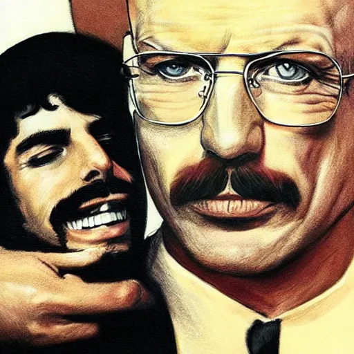 Prompt: freddie mercury hugging walter white, sketch, insanely detailed