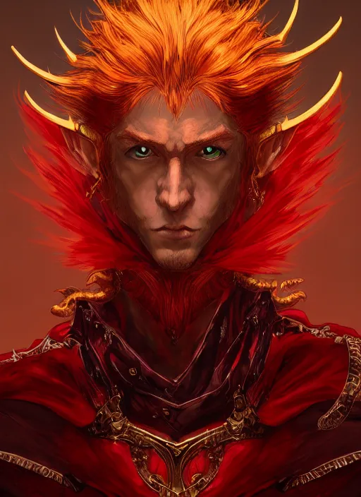 Image similar to Half body portrait of a handsome young red haired elven monk prince with dragon eyes, staff and red and golden ornate dragon robe. In style of Yoji Shinkawa and Hyung-tae Kim, trending on ArtStation, dark fantasy, great composition, concept art, highly detailed.