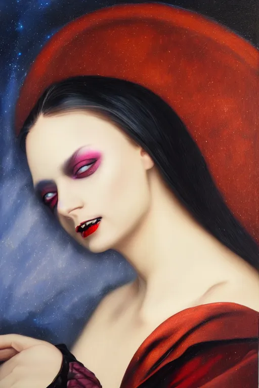 Image similar to hyperrealism oil painting, close - up portrait of european medieval brunette vampire fashion model, knight, steel gradient mixed with nebula sky, in style of baroque