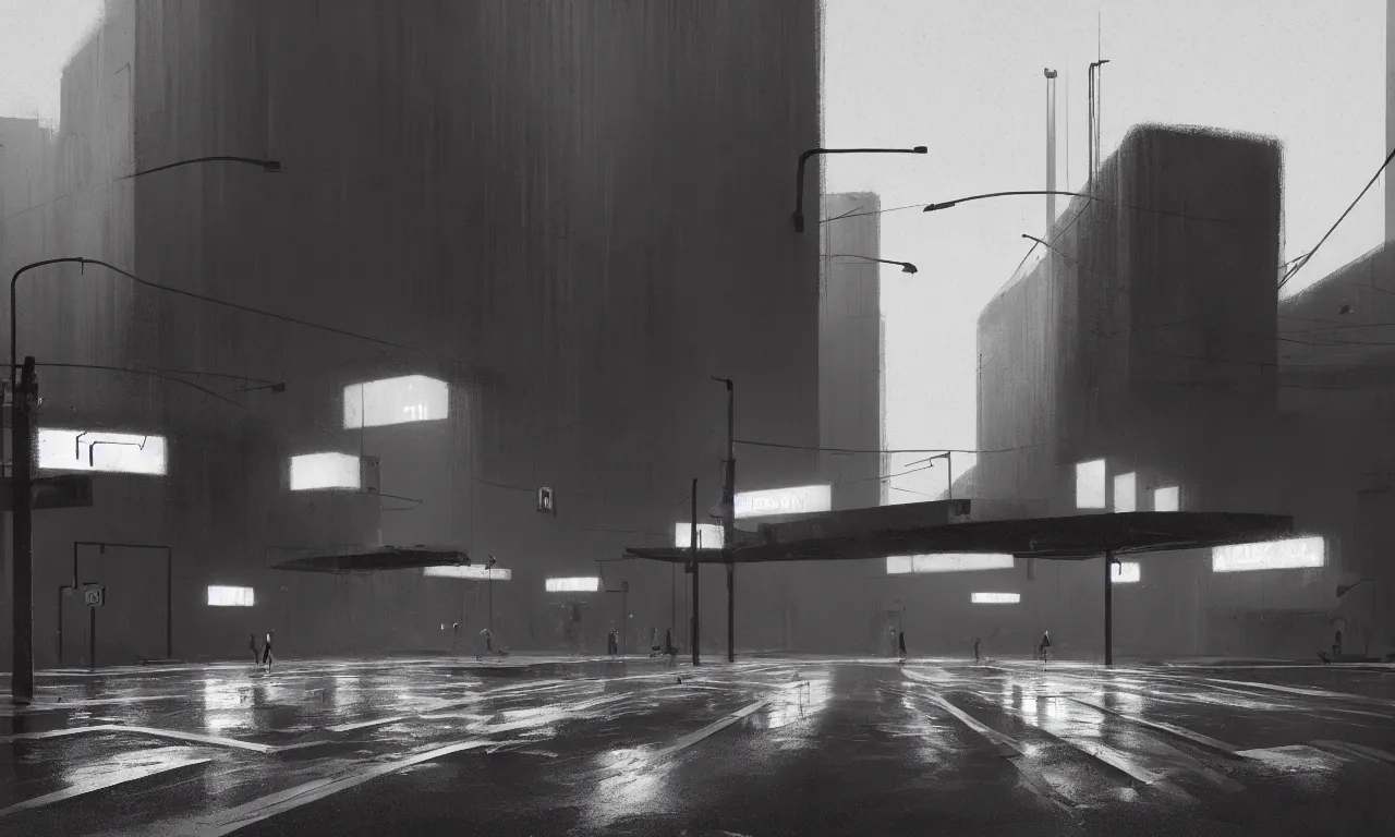 Prompt: high resolution photograph, streetscape, simple brutalist architecture, metal, concrete, wet streets, white neon lights, neon signs, flying cars, pedestrians, greg rutkowski, syd mead, ralph mcquarrie, concept art, matte painting, finely detailed, minimal artifacts, rule of thirds, dynamic lighting, cinematic, denoised, centered, artstation