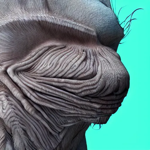 Image similar to a photo of a head animal morphing creature, gills morph scales merged in fur skin, wrinkled hairy muscles skin, veins merged feet head, normal map, displacement map, distorted animal head face eyes arms tail, reflection map,