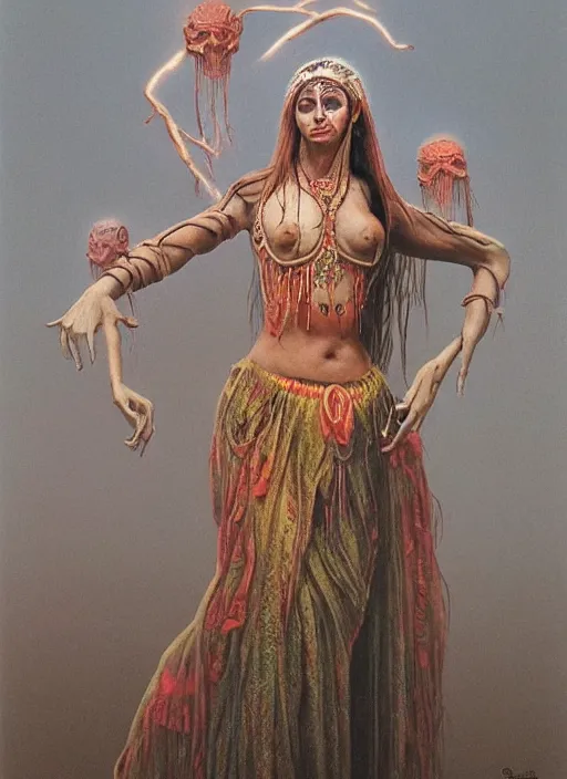 Image similar to full body portrait of marzanna slavic goddess with six arms in slavic clothes : concept art zdzisław beksinski, full body!! contour light effect!! hd, 4 k, ultra clear detailed : dark color gamma