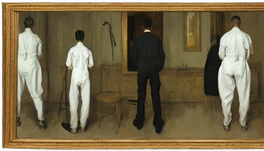 Image similar to painting by borremans, man back standing in front on the mirror and his back in the mirror, detailed, stunning