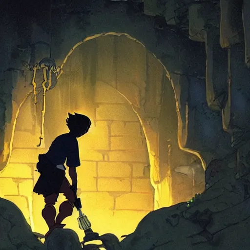 Image similar to a man holds a torch and explores a Dungeon, luminous, studio ghibli