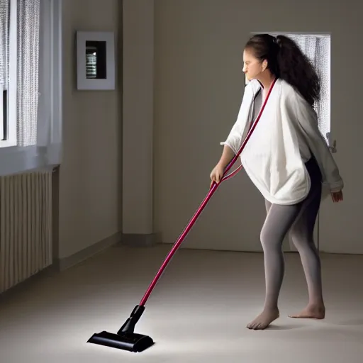 a photograph of a human-vacuum cleaner hybrid creature