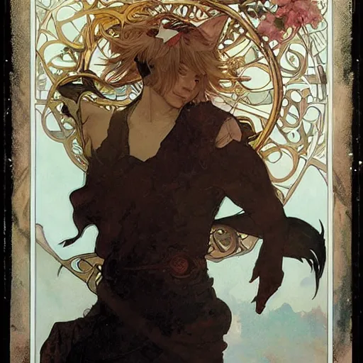 Image similar to Portrait of a pretty fantasy catboy with cat ears. Art by Greg Rutkowski and Alphonse Mucha