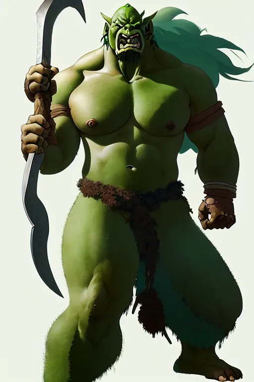 Image similar to orc barbarian male, green skin, exquisite details, big axe, earth magic, mid view, design on a white background, by studio muti, greg rutkowski makoto shinkai takashi takeuchi studio ghibli