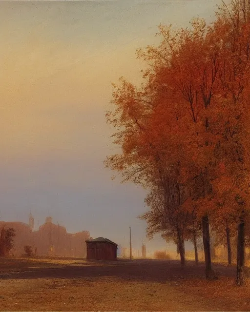Image similar to autumn city landscape, faint sunrise, main road, matte painting, by Isaac Levitan and Vasily Perov