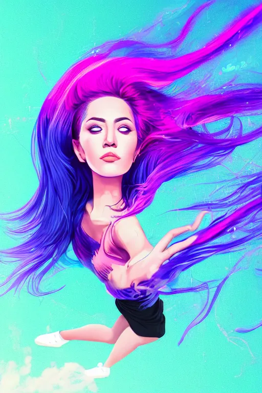 Prompt: a award winning half body porttrait of a beautiful woman in a croptop with ombre purple pink teal hairstyle with head in motion and hair flying, outrun, vaporware, shaded flat illustration, digital art, trending on artstation, highly detailed, fine detail, intricate