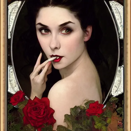 Prompt: portrait of a very beautiful vampire, top half of body, seductive expression, by Stanley Artgerm Lau , greg rutkowski, thomas kindkade, alphonse mucha, loish, norman rockwell, J. C. Leyendecker. dark black hair, pale skin, detailed eyes, red lips. framed by withered roses. Trending on artstation rule of thirds extremely detailed illustration hd 4k