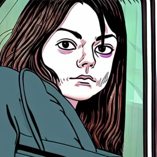 Prompt: Mila Kunis on the bus by Junji Ito