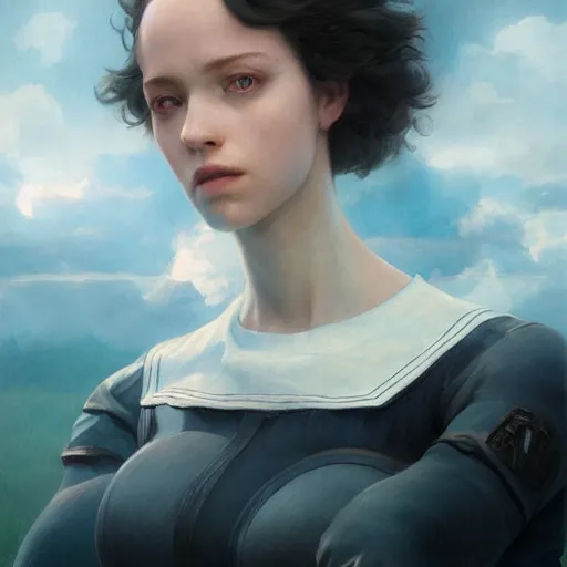 Prompt: epic portrait an beautiful woman wearing short sleeved sailor outfit, sweaty skin, hyperrealistic, expressive, emotional, moody, contre jour, octane render, cinematic, beautiful face and flawless skin, perfect hands, 5 fingers, by Edgar Maxence and Ross Tran and Michael Whelan, Legends of Runeterra