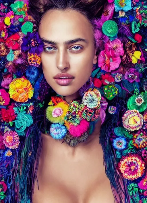 Image similar to beautiful portrait of Irina Shayk wearing fantastic Hand-dyed cotton dress,embellished beaded feather decorative fringe knots ,colorful pigtail,subtropical flowers and plants,symmetrical face,intricate,elegant,highly detailed,8k,post-processing,digital painting,trending on pinterest, GUCCI,vogue,concept art, sharp focus, illustration, by artgerm,Tom Bagshaw,Lawrence Alma-Tadema,greg rutkowski,alphonse Mucha