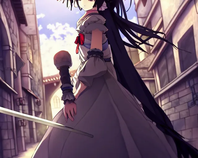 Image similar to pixiv, key anime visual portrait of a young female in robe walking through a busy medieval village, dynamic pose, dynamic perspective, cinematic, dramatic lighting, detailed silhouette, anime proportions, last exile, ghibli