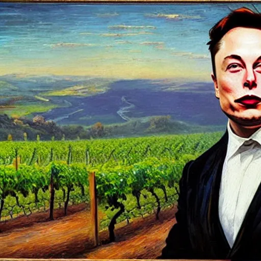 Image similar to Elon musk turns water into wine, oil on canvas, 1883