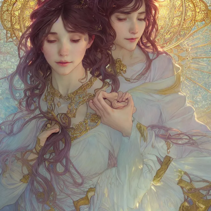 Image similar to iu fantasy novel cover, close up, highly detailed, gold filigree, romantic storybook fantasy, soft cinematic lighting, award, disney concept art watercolor illustration by mandy jurgens and alphonse mucha and alena aenami, pastel color palette, featured on artstation