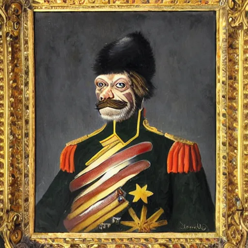 Image similar to An exquisite modern painting of a monkey dressed like a bearded Napoleon with correct military uniform, no frames