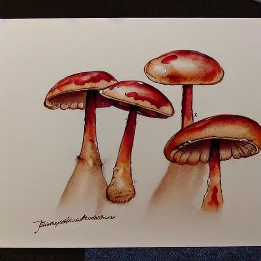 Prompt: jean - baptiste monge water color on white paper watercolor sketch of mushrooms hard edges, pencil lines, drips, runs, spatter, details. red chrome. jean - baptiste monge!!!!!