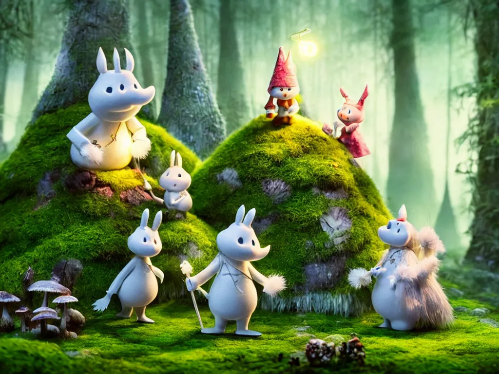 Image similar to the moomins wearing fluffy knight armor discovering the enchanted forest full of magic trees, mushrooms and moss and tiny fairies glowing in the dark, photorealistic painting, cgi, low volumetric light, movie still, very cute and cozy and fluffy and sweet