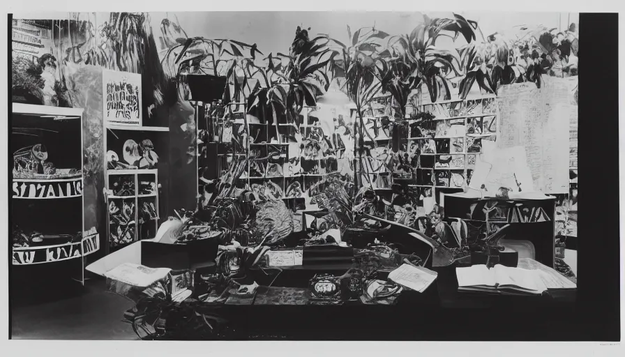 Image similar to A black and white photography of an exhibition space with objects of Sun Ra, Marcel Duchamp and tropical plants, 60s, offset lithography print, newspaper, distant shot