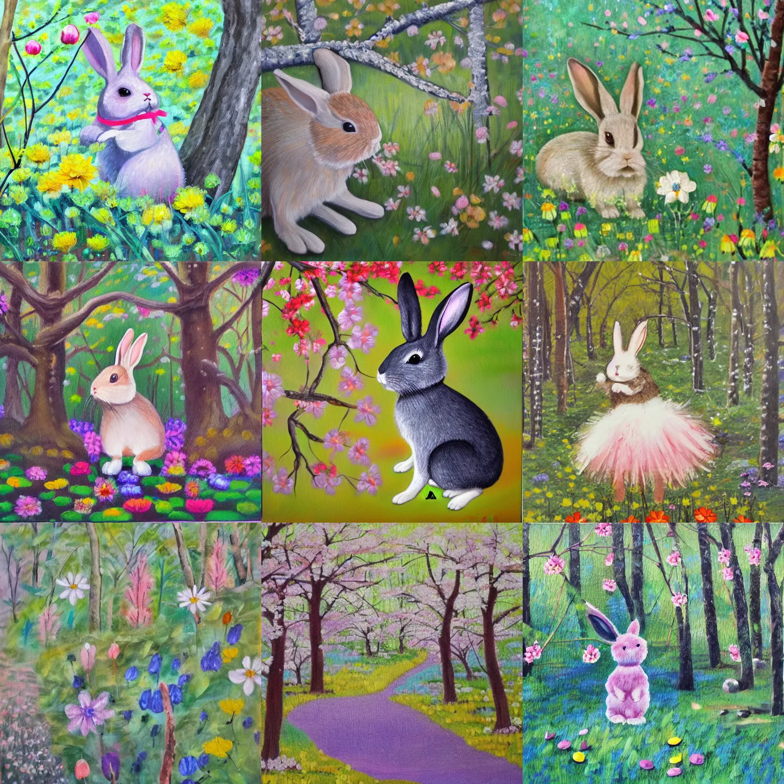 Prompt: The first day of spring. The woods are in bloom, and a rabbit has found some flowers. Oil painting by Natsuki Arayama