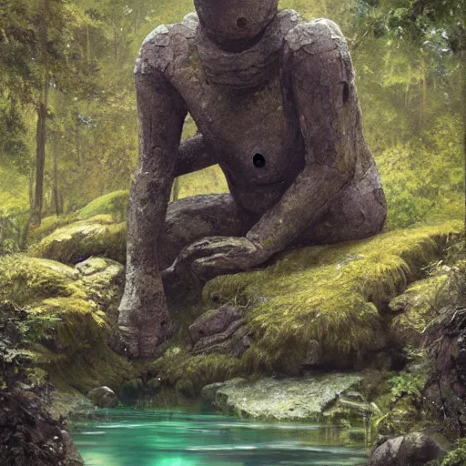 Prompt: humanoid stone golem resting beside a pond inside a forest, rock elemental, oil painting, by Greg Rutkowski