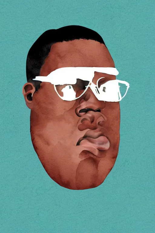 Prompt: minimalist watercolor biggie smalls face on white background, illustration, vector art