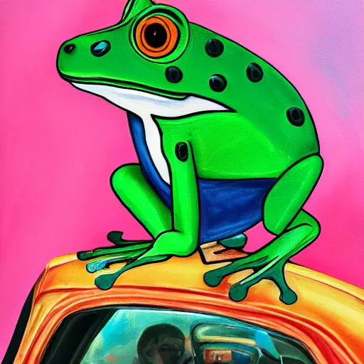 Prompt: photo of a frog in a tuxedo driving car, oil painting, portrait, palm trees