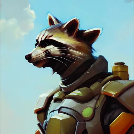 Image similar to greg manchess portrait painting of armored rocket raccoon as overwatch character, medium shot, asymmetrical, profile picture, organic painting, sunny day, matte painting, bold shapes, hard edges, street art, trending on artstation, by huang guangjian and gil elvgren and sachin teng