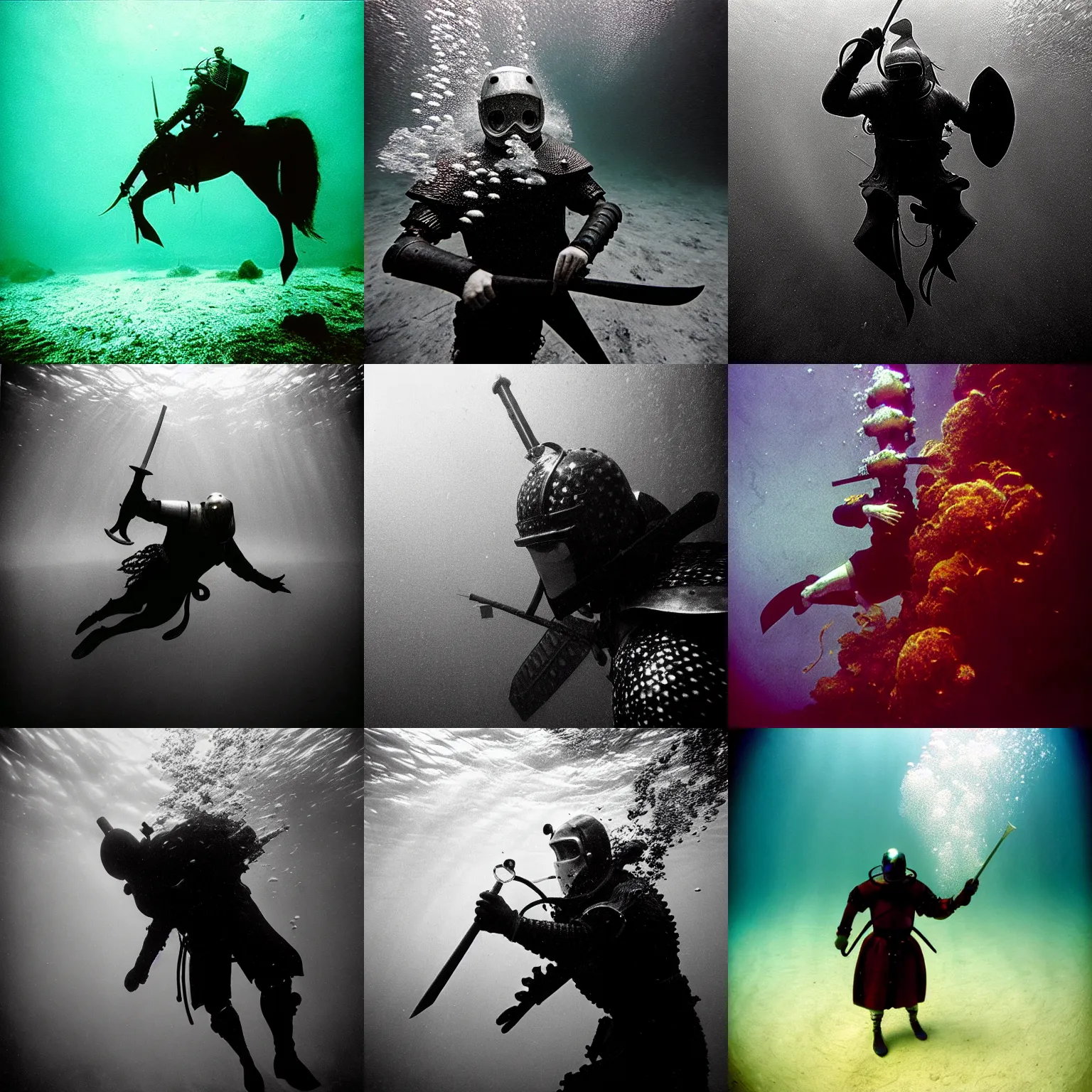 Prompt: Underwater photo of a medieval knight by Trent Parke, close up, clean, detailed, Magnum photos