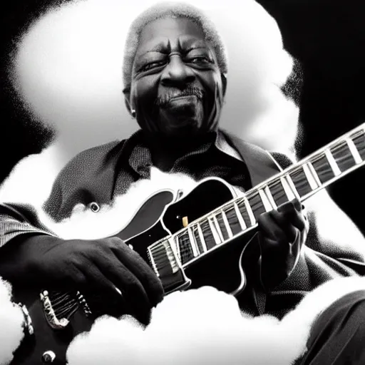 Image similar to b. b king, sitting in a fluffy cloud, playing an electric semi - hollow guitar. beautiful realistic render, dramatic, moody